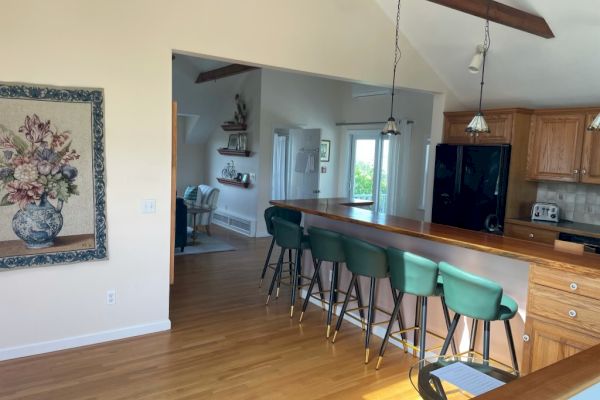 This image shows a kitchen area with a bar counter, green bar stools, wooden flooring, hanging lights, and a framed floral artwork on the wall.