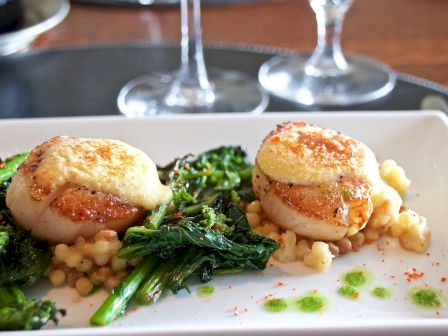 The image shows two seared scallops topped with sauce, served with greens and small pasta on a white rectangular plate.