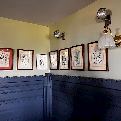 A wall with framed botanical drawings and two sconces, one with a fluted white shade, above a dark blue wainscoting bench.